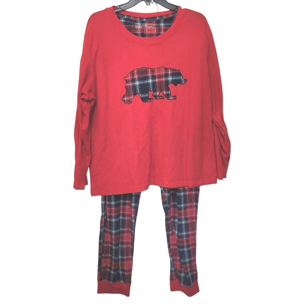 Eddie Bauer Pajama Set Womens L Red Waffle Knit Plaid Bear Joggers Excellent